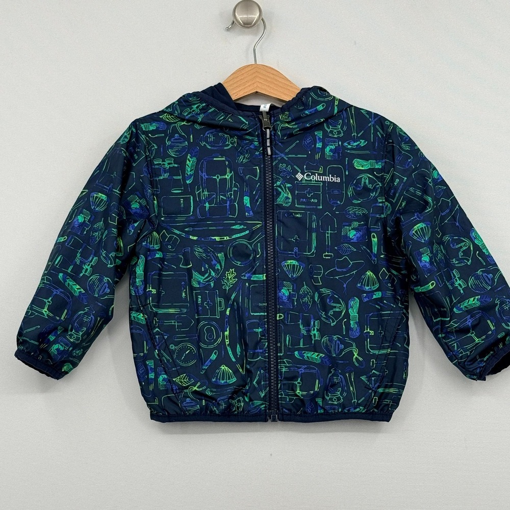 Columbia Reversible Windbreaker Jacket Kids 4T Navy Blue Outdoor Print Gorpcore